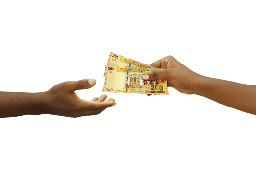 Hand giving 3D rendered Bolivian Boliviano notes to another hand. Hand receiving money png
