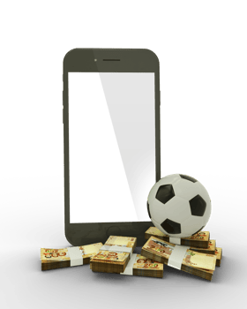 3D rendering of a mobile phone with soccer ball and stacks of 100  Bolivian Boliviano notes isolated on transparent background. png