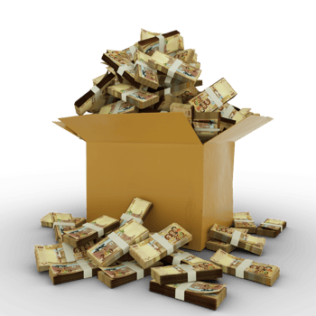 3d rendering of cardboard box full of 100 Bolivian Boliviano notes isolated on a transparent background png