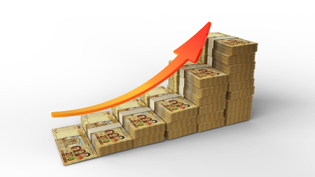Financial growth sign made of stacks of 100 Bolivian Boliviano notes. 3D Rendering of Bolivian money arranged in the form of a bar graph isolated on transparent background png