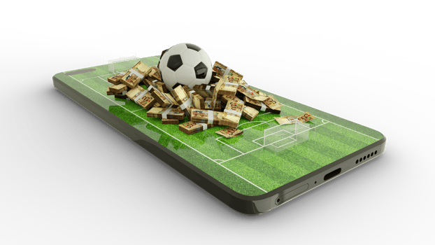 3d rendering of Mobile phone Soccer betting. Football and 100 Bolivian Boliviano notes on phone screen. Soccer field on smartphone screen isolated on transparent background. bet and win concept png