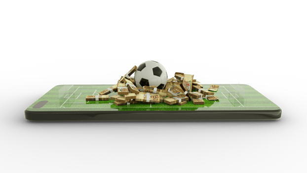 3d rendering of Mobile phone Soccer betting. Football and 100 Bolivian Boliviano notes on phone screen. Soccer field on smartphone screen isolated on transparent background. bet and win concept png