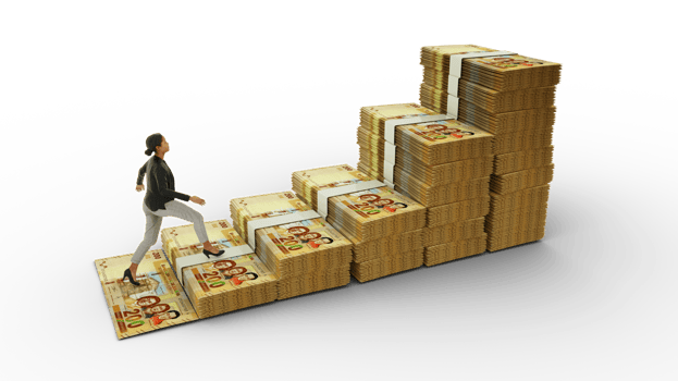 Business woman climbing stairs made of 100 Bolivian Boliviano notes. 3D rendering of money arranged in the shape of a financial growth graph icon. Business growth concept png
