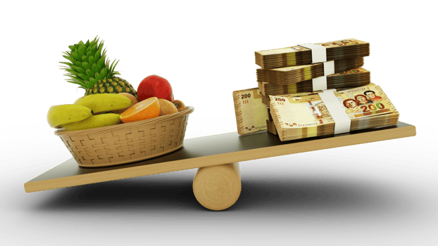 Inflation in Bolivia, Weighing Bolivian currency against foodstuffs, high cost of living, 3d rendering png