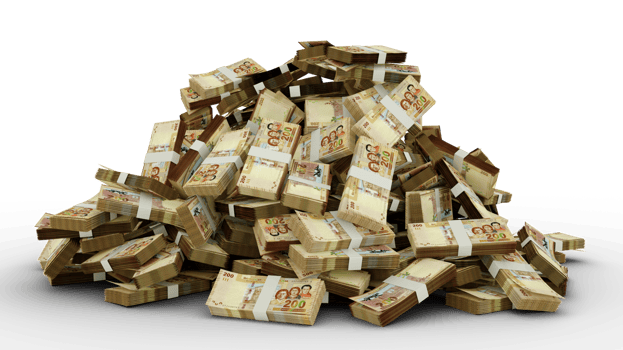 Big pile of 100 Bolivian Boliviano notes a lot of money over transparent background. 3d rendering of bundles of cash png