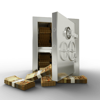 Bundles of 100 Bolivian Boliviano in Steel safe box. 3D rendering of stacks of money inside metallic vault isolated on transparent background, Financial protection concept, financial safety. png