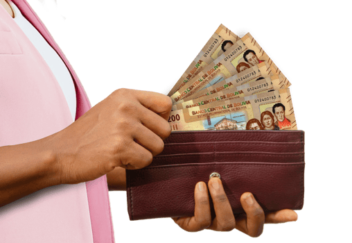 fair Hand Holding brown Purse With Bolivian Boliviano notes, hand removing money out of purse isolated on transparent background png