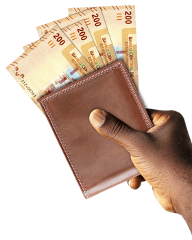 Black Hand Holding brown wallet With Bolivian boliviano notes. png