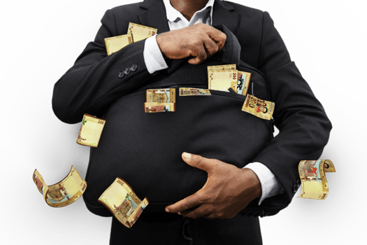 Black Businessman holding black bag full of Bolivian Boliviano notes isolated on transparent background, money falling from bag png