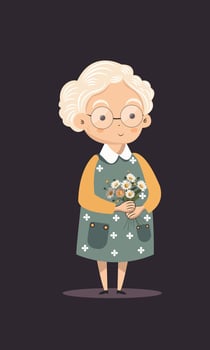 Elderly Woman Character Holding Daisies Bouquet on Dark Background. vector