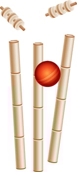 Realistic Red Cricket Ball Hitting Wickets on White Background. vector