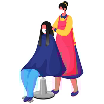 Female hairdresser haircut or hair massage of a client sitting on chair in her salon and wear protective mask. Avoid Coronavirus. vector