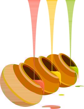 Traditional mud pots with liquid colors. vector