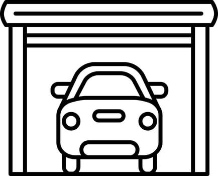 Car in garage icon in black line art. vector