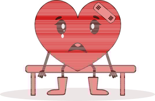 Crying Heart Character Sitting On Bench In Brown And Red Color. vector