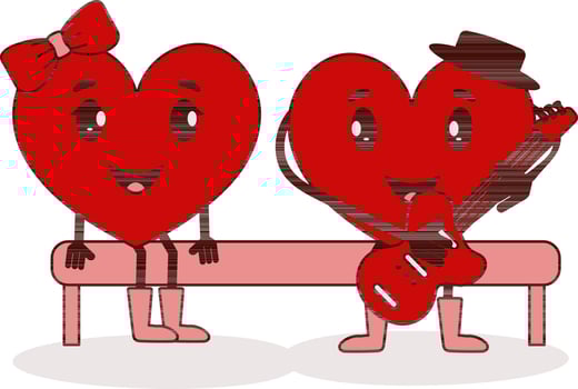 Cartoon Male Heart Playing Guitar With His Girlfriend Sit On Bench. vector