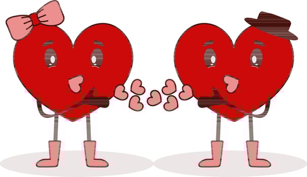 Cartoon Heart Couple Flying Kiss Each Other In Flat Style. vector