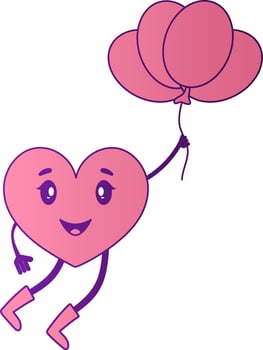 Cartoon Heart Character Holding Balloons Icon In Pink And Purple Color. vector