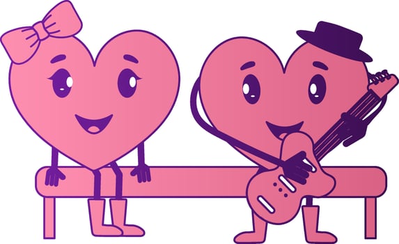 Pink And Purple Cartoon Male Heart Playing Guitar With His Girlfriend Sit On Bench. vector