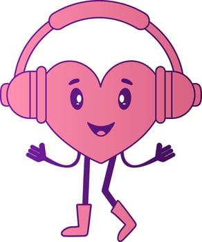 Vector Illustration Of Cartoon Heart Wear Headphone In Pink And Purple Color.