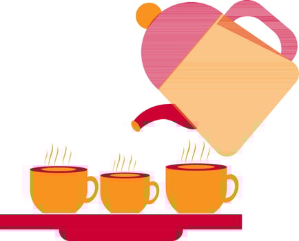 Hot tea in cup on tray with kettle. vector