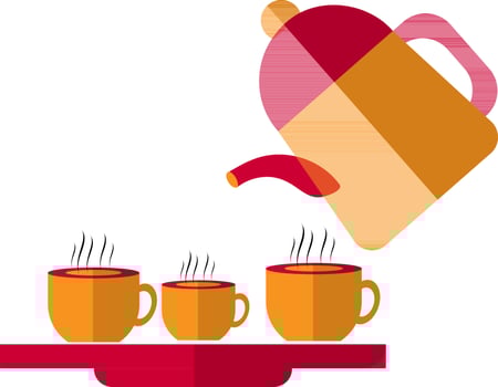 Hot tea in cup on tray with kettle. vector