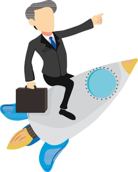 Businessman sitting on flying rocket. vector