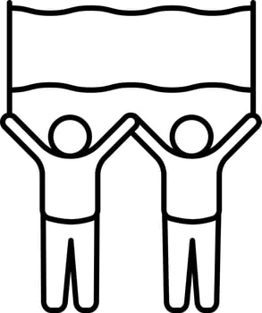 Two man holding banner or poster icon in black line art. vector