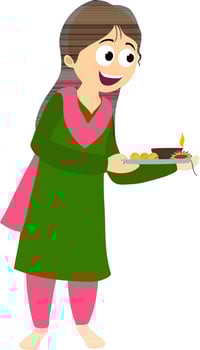 Character of a girl holding worship plate. vector