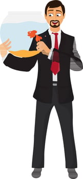 businessman holding fishbowl. vector