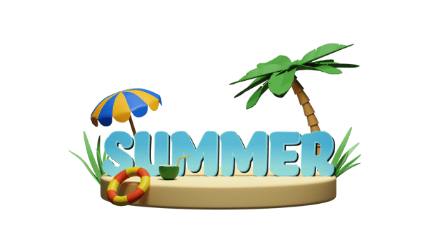 3D Summer Text with Ball, Swimming Ring and Umbrella on Beach for Enjoying Summer Time. png