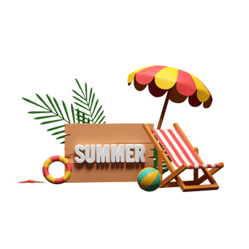 3D Summer Sign Text Wooden Board with Ball, Swimming Ring and Chair on Beach for Enjoying Summer Time. png