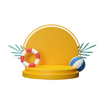 3D Render of Empty Round Yellow Podium Decorated with Swimming Ring and Beach Balls for Presentaion Concept. png