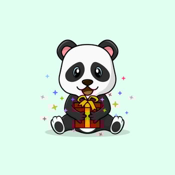 Vector cute baby panda cartoon happy holding gift flat icon illustration.