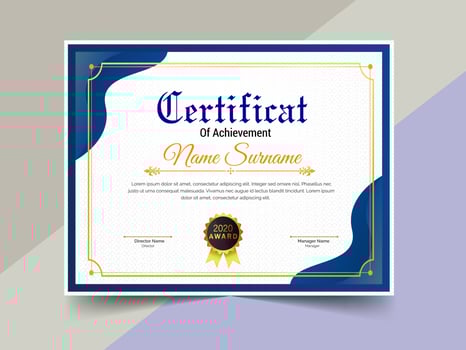 Creative certificate of achievement template design. luxury elegant blue and gold diploma, corporate training certificate design vector