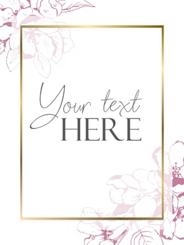 Flat style background template with apple bloom flowers on white background with golden frame vector