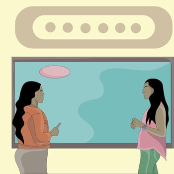 vector two girls discuss using digital board flat