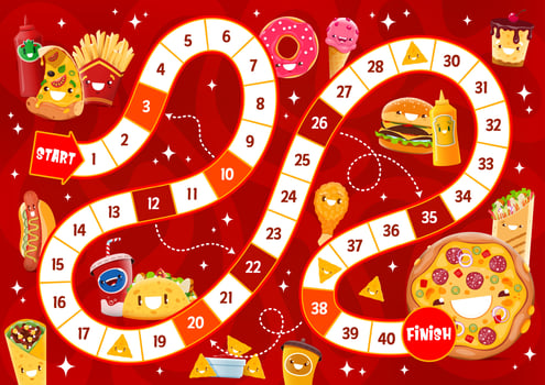 Step board game, cartoon takeaway fast food vector