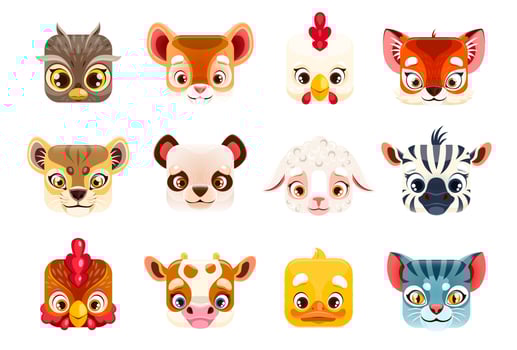 Kawaii animal faces, square cartoon zoo characters vector