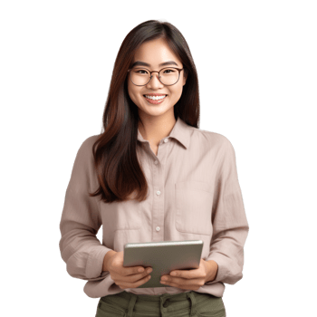Business woman with tablet PC isolated. Illustration png