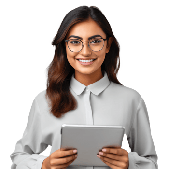 Business woman with tablet PC isolated. Illustration png