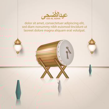 Eid al adha islamic greeting card with isamic drum , poster, banner design, vector illustration