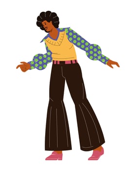 African american man in the 70s style outfit dancing disco flat vector illustration.