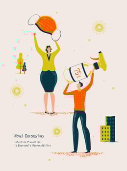 People hold aloft a mask and an alcohol spray for novel coronavirus prevention vector