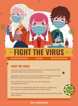 Fight the virus cartoon poster with people washing hands, wearing mask and using alcohol spray, covid-19 design vector