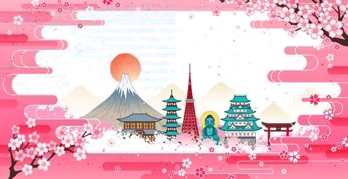 Japan landmark travel banner, with world famous attractions of Japan framed by pink auspicious cloud and blooming cheery blossom vector