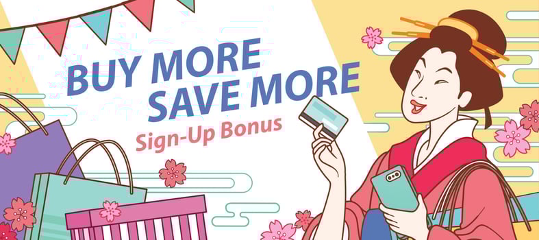 Ukiyo-e steyle woman holding credit card and shopping bag is ready for shopping, Japan discount banner template vector
