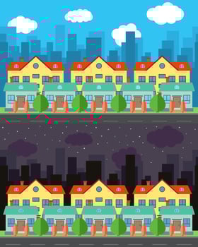 Vector city with one-story houses and two-story houses behind them in the day and night. Summer urban landscape. Street view with cityscape on a background
