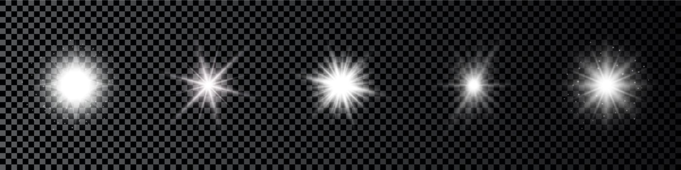 Light effect of lens flares. Set of five white glowing lights starburst effects with sparkles vector