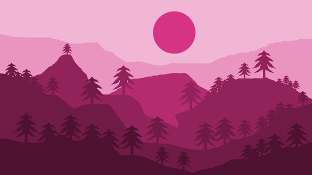 Abstract landscape of mountains, sun and trees in flat design. Suitable for poster, banner and home wall decoration vector